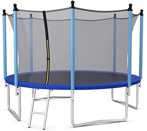 SPOTRAVEL 8FT/10FT/12FT Kids Trampoline, Outdoor Toddler Trampolines with Safety Enclosure Net, Ladder & Padded Poles, Garden Combo Bounce Trampoline (10FT, Internal Net) Blue + Black