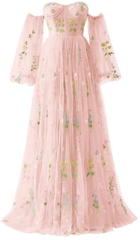 Basgute Robe de bal à manches bouffantes en tulle avec broderie florale pour femme, Grande robe de soirée formelle, coupe trapèze longue, style féérique, Personnalisable, Long-rose., 32