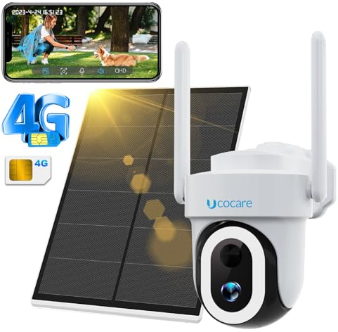 UCOCARE 4G LTE Überwachungskamera Aussen mit SIM Karte, 4MP 360° Solar Überwachungskamera ohne WLAN mit Akku Kabellos, 355°/120° PTZ Schwenkbar, 30m Farb-Nachtsicht, PIR Erkennung, IP67