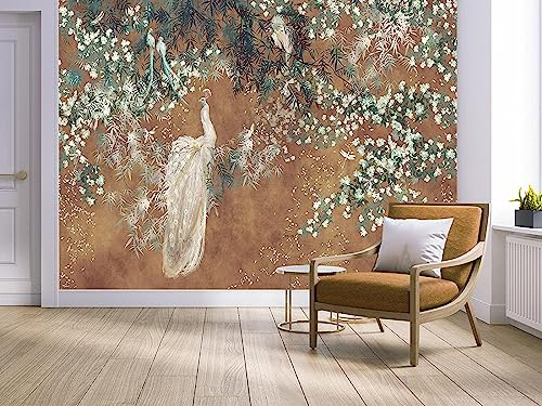Fototapete 3D Tapete Vintage Blume Pfau Fototapete 3D Effekt Wandtapete Vliestapete Wandbilder XXL Wanddeko Tapeten