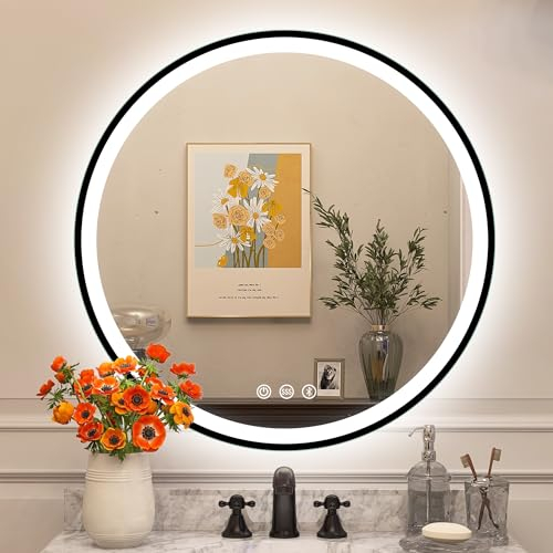STARLEAD 600 mm Round-Bathroom-Mirror-with-LED-Lights and Bluetooth, LED-Bathroom-Wall-Mirror with Anti-Fog, 3 Colors Dimmable, Memory Function, Tempered Glass, IP44, Black Painted, Not Metal Frame