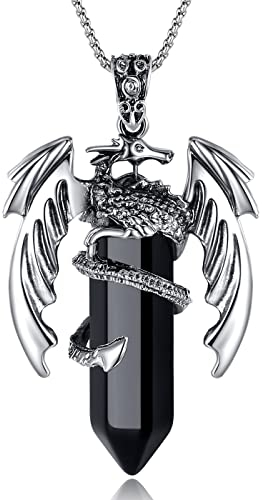 XIANNVXI Drachen Kette Herren Obsidian Kristalle ketten für Herren Anhänger Sechseckiger Edelstahl Silber Edelsteine Herren Halsketten Spiritueller Schmuck Halskette zum Vatertag Geschenke Papa