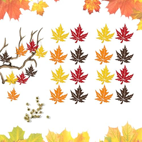 Anhänger Ahornblatt,xlwen 16 pcs Holz Ahornblatt Anhänger mit Seil und Glocke,Herbst Ernte hängende Ahornblatt für Weihnachtsbaum,Thanksgiving