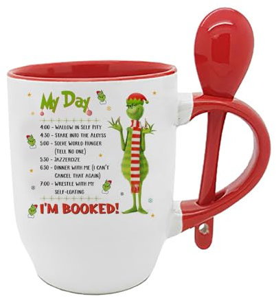 Christmas Monster Gift, My Day I Am Booked, Xmas Gift, Spoon Coffee, Tea Mug. (Red)