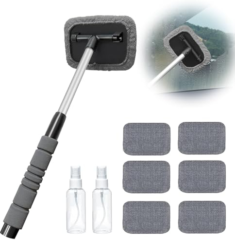 LEKEFETO Nettoyeur Vitres Voiture : 9 Pièces Nettoyeur Pare-Brise Rotatif à 180° Rétractable, Kit Raclette Pour Vitres Voiture avec 6 Tampons Microfibre et 2 Pulvérisateurs 100 Ml