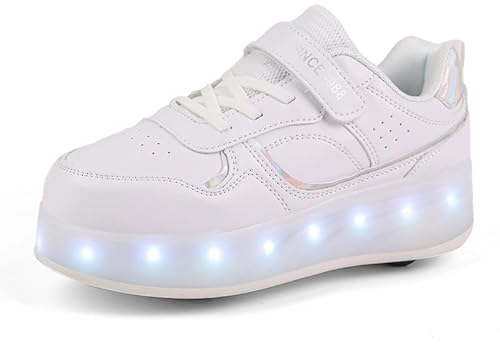 Rollschuhe Schuhe Jungen Mädchen Skateboardschuhe Mit Rollen, Verstellbar Jugend Schuhe mit Rollen und LED Licht, Multifunktionale Sportschuhe Outdoorschuhe für Kinder Erwachsene-Weiß-Vier Räder||29