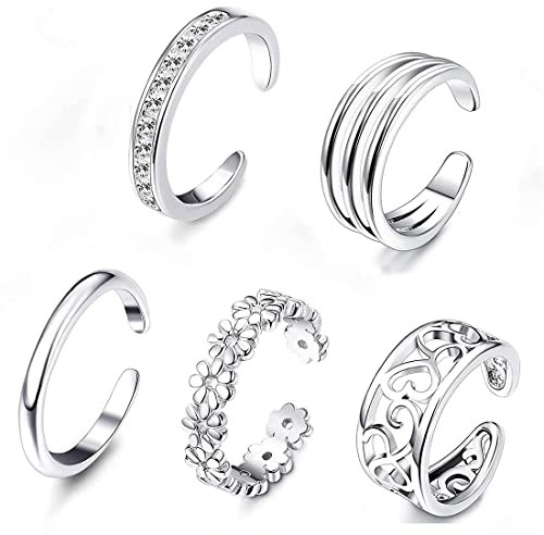 LEEQBCR 5 Pcs Sterling Silver Toe Ring Ladies Open Adjustable Band Ring Jewellery Set