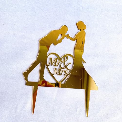 Wedding Cake Topper, Gold Acrylic Mr & Mrs Cake Decoration for Wedding Engagement Party Wife Husband