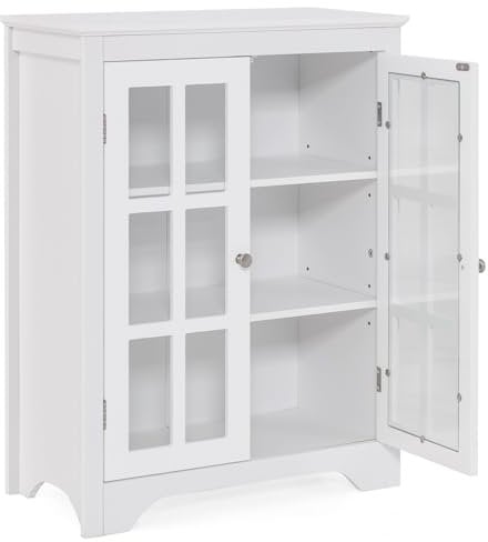 RELAX4LIFE Bathroom Floor Cabinet, Wooden Storage Cabinet with Double Tempered Glass Doors & Adjustable Shelves, Freestanding Cupboard Storage Organizer Unit for Living Room, Entryway (White)