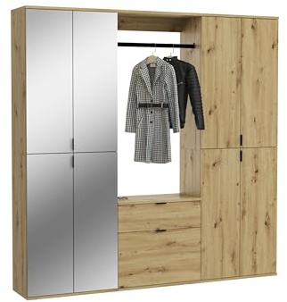 xonox.home Systemmöbel Projekt X 4tlg. Kombination Garderobe Ankleidezimmer Schranklösung Büro Ordnungssystem in Front Artisan Eiche Nb./Spiegel Korpus Artisan Eiche Nb., ca. 183x193x34 cm