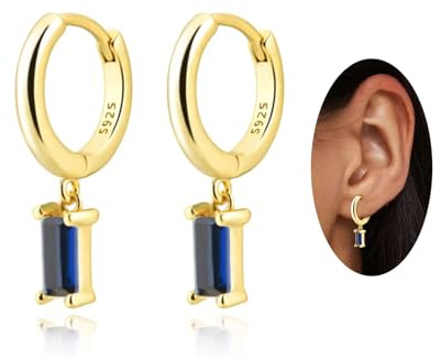 Kleine Gold Huggie Hoop Ohrringe für Frauen, 14K Gold und Blau Kristall Tropfen Ohrringe Hypoallergenen Schmuck für Mädchen
