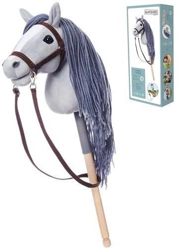 HOPPIHORSE Steckenpferd mit Trense - A4 - Hobby Horse mit Zügeln, Schultergurt, Schweif - hochwertiges Plüsch mit Langer Mähne - Silikongriff für besseren Halt - mit Geschenkverpackung