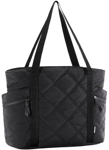 bagsmart Damen Handtasche Tote Bag Daunentasche, 24L Große Einkaufstasche mit Reißverschluss, Mehrere Fächer für Arbeit, Reisen und Fitness, Schwarz