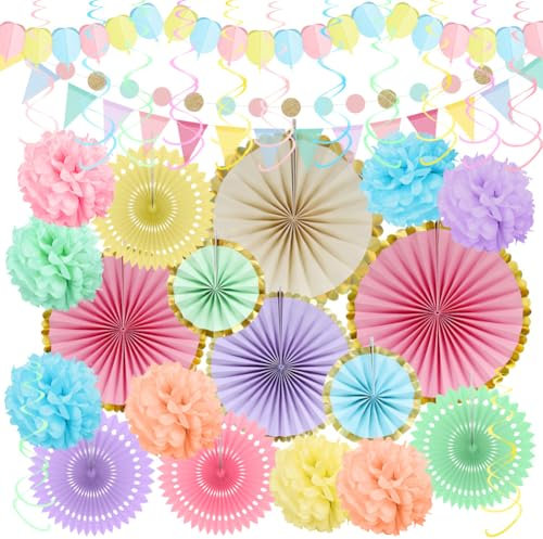 Pastel Party Decorations for Girls Birthday Parties, Bridal Shower Decor, Baby Shower Decor, Wedding Decor 33pcs Gold Stamping Hanging Paper Fans, Pom Poms Flowers, Garlands String by Sheinly