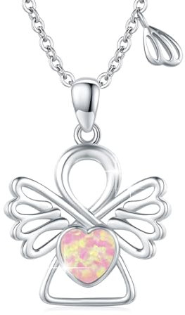 OHAYOO Schutzengel Kette Silber 925 Opal Engel Anhänger Halskette Schutzengel Opal Schmuck Engelsrufer Geschenke für Mädchen Frauen (Rosa)