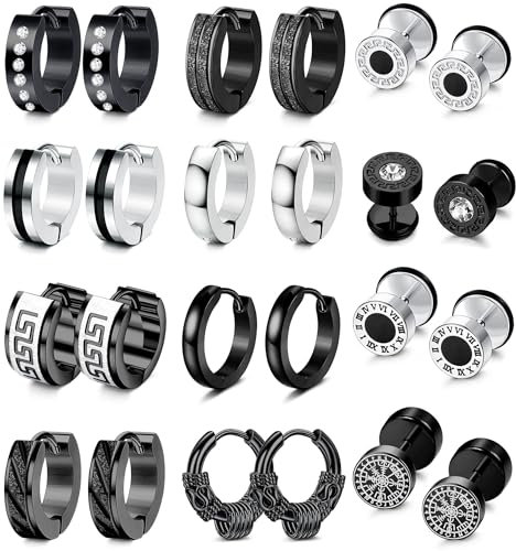 JeweBella 12 Paar Ohrringe Herren - Edelstahl Creolen Silber/Schwarz - Fake Plug Tunnel Piercing Ohrhänger - Punk Stil - Zirkonia Steine - Hypoallergen - Ideal für mehrere Ohrlöcher