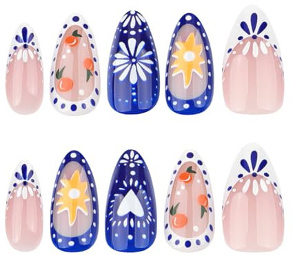 Lot de 24 faux ongles courts en acrylique à coller sur les ongles en forme d'amande Bleu/blanc