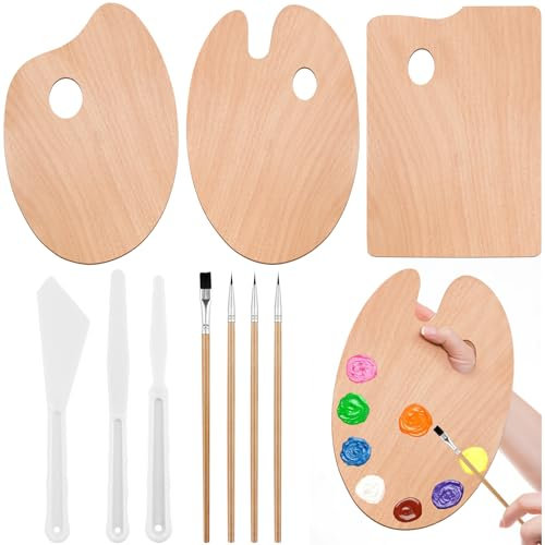 VEPEPE 10 Pièces Trou de Pouce Palette Peinture Bois Kit, 3 Formes Bois Palettes de Peinture 30 X 20cm avec Couteau en Plastique, Boisé Palette Ovale pour Aquarelle