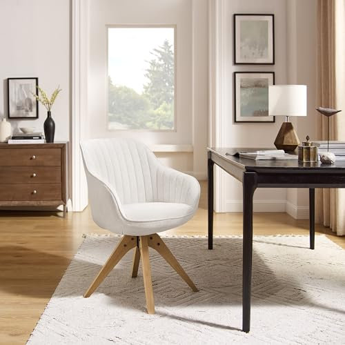 Zouron Beige Drehstuhl Esszimmerstuhl Holzbeine - Küchenstuhl Beige Leinen Polsterstuhl mit Armlehnen Sessel Eichenholzbeine bis 130kg Belastbar Sitzfläche 43x43cm Wohnzimmerstuhl