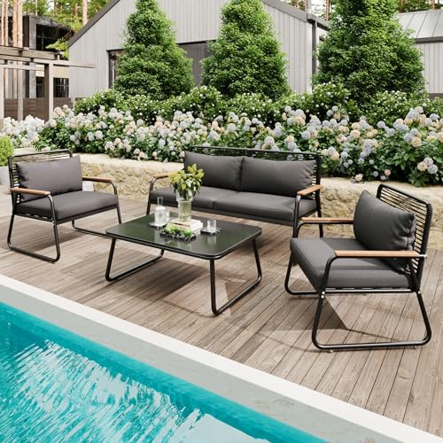 Dolamaní Gartenmöbel Set 4 Sitzer mit Kissen, 1Tisch mit Tischplatte aus gehärtetem Glas, Metall Sitzgruppe Outdoor Wetterfest mit 2 Sitzer Sofa und 2 Sessel (Schwarz)