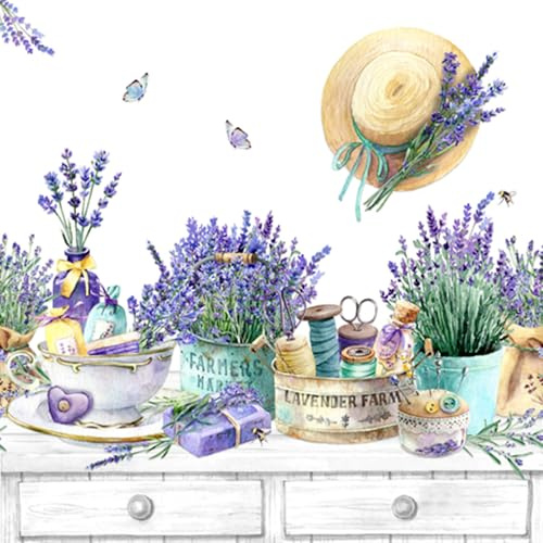 Servietten Papier 33x33cm 3-lagig 20 Stück - hochwertig & nachhaltig - Einweg Hochzeitsservietten - Papierservietten für Hochzeit Gastronomie Alltag - Vintage Lavendel Weiß Flieder