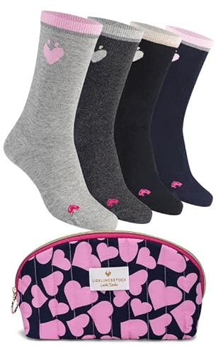 Lieblingsstück Socken Regular Damen - Geschenkox - Kulturtasche - 4 Paar | Crew Socken aus Baumwolle mit Glitzerbund - bequeme Strümpfe - Herz-Motiv - mit Geschenkbox oder Kulturtasche