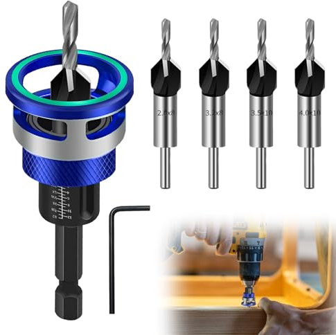 Set di 6 punte per svasatura conica, per legno, con arresto di profondità, svasatore esagonale da 1/4, HSS-M2, fori precisi per la lavorazione del legno, blu