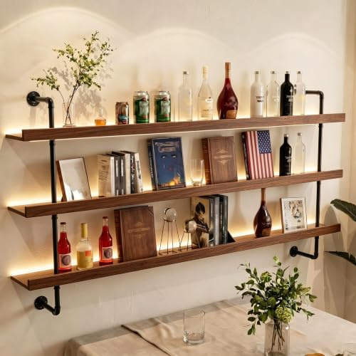 100CM Botellero de Pared Industrial, 3 Niveles Estantes de madera maciza Botellero Vino Luz LED, Multifuncional Estante para Vino Flotante para exhibición de Vino, para el hogar,Restaurante,Bares