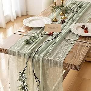 FOLAI 4 Stück Boho Tischläufer aus Käsetuch Table Runner Table Cloth – Rustikale Hochzeitstischdeko für Brautdusche, Geburtstag & Feiern (90x300cm) – Öko-Baumwolle & Wiederverwendbar （hellgrün）