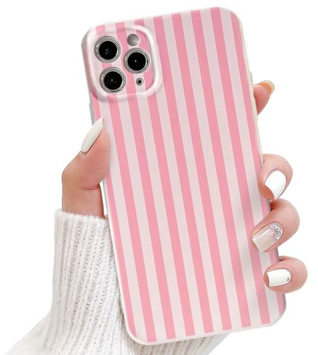 NITITOP Cover per iPhone 11 Pro Max Carina Righe Striped, Rosa | per Donne Ragazze, Aesthetic per Stripes, Custodia In TPU Sottile Antiurto, Protettiva Completa per Fotocamera