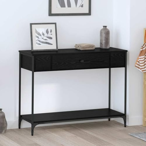Runheo Konsolentisch Schwarz Eichen-Optik, 100 x 34.5 x 75 cm, Rustikales Sideboard mit Stauraum, für Flur Wohnzimmer, Spanplatte, Holzoptik