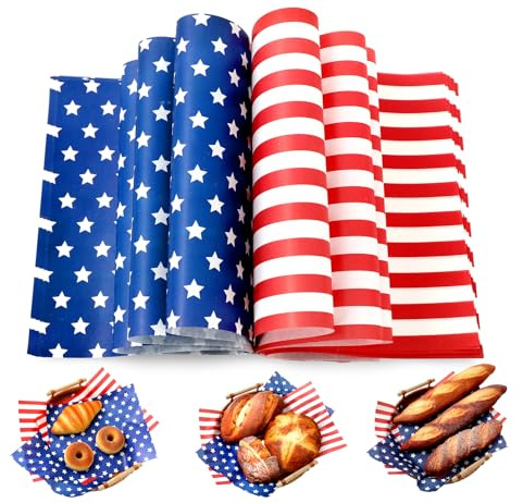 JarThenaAMCS 150 Pcs Patriotic Wax Paper Deli Paper Sandwich Wrap Tissue 250th Anniversary Star Stripe Waterproof Oil-Proof Picnic Liner for 4th of July Independence Day Home Party Kitchen Supplies
