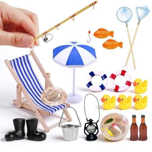 21 Stück Wichtel Zubehör Sommer Miniatur Strand Deko Miniatur Angelzubehör | Einschließlich Strandkorb Deko Sonnenschirm Strand Angelrute usw für Puppenhau DIY-Garten Dekoration Weihnachtsgeschenke