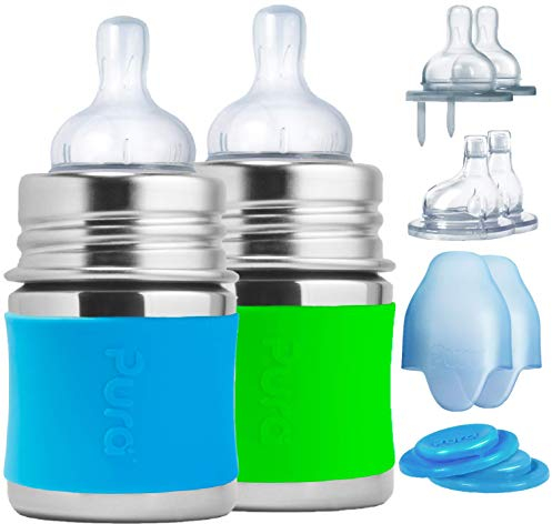 Pura Baby-Babyflaschen aus Edelstahl (Silikondüsen mit mittlerem Durchfluss, Schnelldurchflussdüsen, Einspritzdüsen, Dichtungsscheiben und -hülsen (2er-Pack) Wassergrün 5 Unzen / 150 ml S