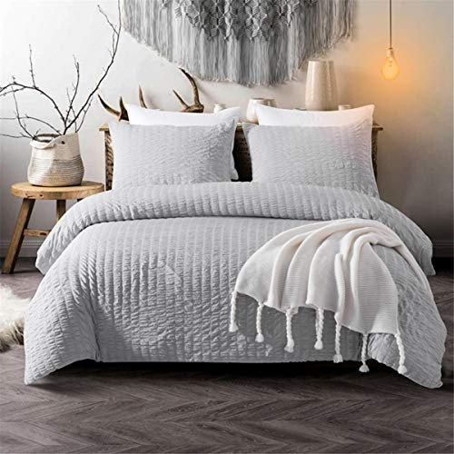 Grey Classic Seersucker Duvet Cover for Teens Adults Pinch Pleat Bedding Set with 2 Pillowcases Classic Puckering and Crimping Quilt Cover with Zipper Closure King Size 220×230cm