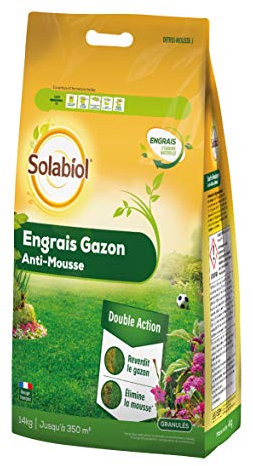 SOLABIOL SOGAZMOU350P Engrais Gazon Anti-Mousse 14 Kg Promo | Double Action : reverdit Le Gazon et élimine la Mousse