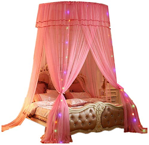 Moskitonetz bett baldachin ,mit LED Schlaflampe,Prinzessin Moskitonetz aus Spitze,baldachin baby ,Geeignet für Einzel- und Doppelbetten-(Pink)
