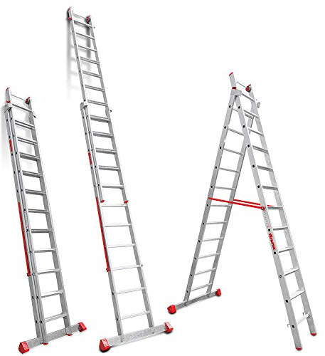 Faraone - Escalera Multiuso EN 1412 - Escalera 2 Tramos - Escalera 11+12 peldaños - 363x56x21cm - Peldaños Cómodos - Escalera de Aluminio - Ligera y Fácil de Manejar - Peldaños Antideslizantes