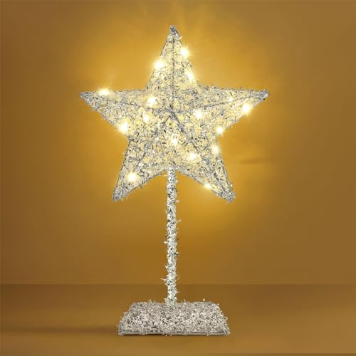 Lewondr Tischlampe, LED Sternenlampe Sternform Weihnachtsdeko Innen, Batteriebetrieb Fensterbank Lampe Metall Weihnachtsstern Schreibtischlampe für Zuhause Weihnachten Ramadan Hochzeit, Silber