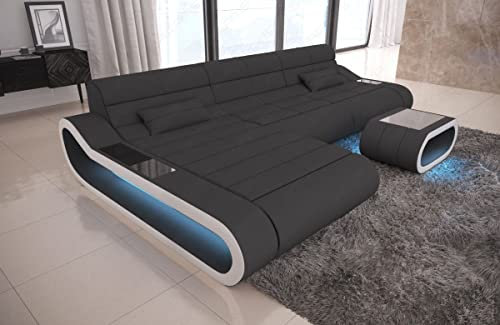 Sofa Dreams Ecksofa Concept lang - mit LED Beleuchtung, Ottomane/Mikrofaser/Ausrichtung wählbar (Ottomane Links, Weiss-Dunkelgrau)