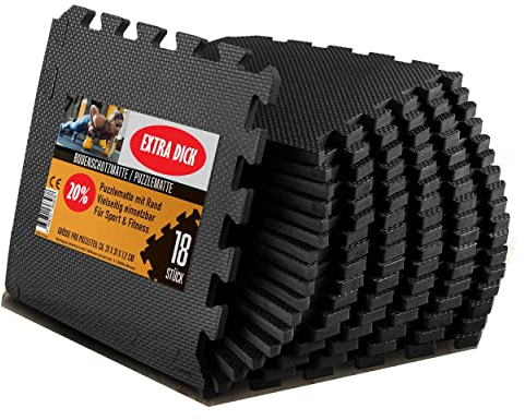 EVRIX® Bodenschutzmatte Fitness extra dick (20% mehr Schutz) - 18 Teile (31x31cm) - Puzzlematte Sportmatte Unterlegmatte Fitnessbodenmatte für Fitnessraum und Fitnessgeräte