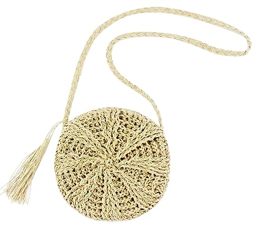 AWAVM Straw Bag for Women - Round Crossbody Tote with Tassel, Handmade Handle, Zipper Closure, Bohemian Summer Beach Handbag