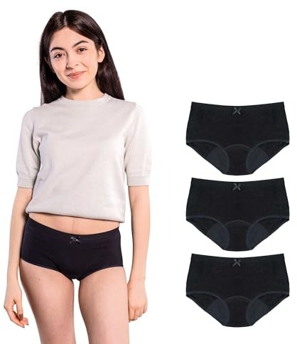 SELENACARE Teenager Periodenunterwäsche Hipster (3er Multipack) - Menstruationsunterwäsche für Teens, waschbar, 100% vegan, nachhaltig, 20ml Absorption, Schwarz, Größe 152
