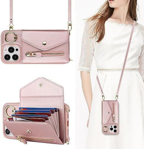 SailorTech iPhone 12 Pro Max Case with Zipper Credit Card Holder for Women, Leather Case Ring Stand with Card Slots Kickstand Wallet Crossbody - Rose Gold