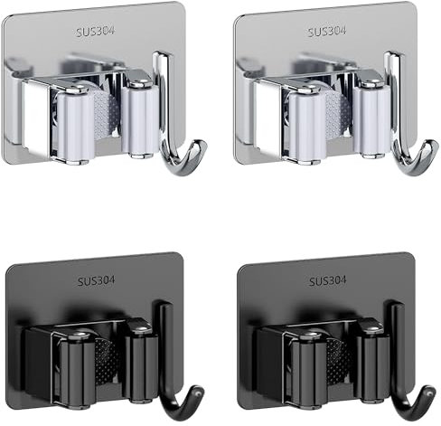 M JINGMEI Mop Holder Wall Mounted, 4Pcs Stainless Steel Self Adhesive Mop Broom Holder with Hooks Hanger Self-Adhesive Broom Holder for Office, Garden Garage, Bathroom, Kitchen (Black&Sliver)