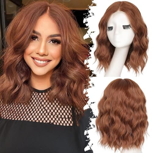 PORSMEER Perücke Auburn Braun Kurzer Bob Gewellt Lockig Perücken für Frauen Natürliche Synthetische Haar Perücke mit Lace Mittelteil für Party/Kostüm