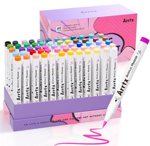 Arrtx Lot de 60 stylos de peinture acrylique imperméables pour le bricolage, la peinture sur roche, la céramique, le verre, le bois et la toile