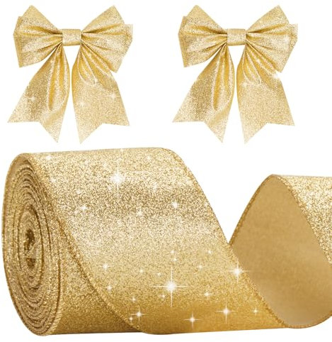 G2PLUS Gold Schleifenband mit Draht, 6CM Breite Geschenkband Glitzer, 10M Weihnachten Drahtkantenband, Gold Weihnachten Schleifenband mit Glitzer für Geschenkverpackung, Weihnachtsbäumen Deko