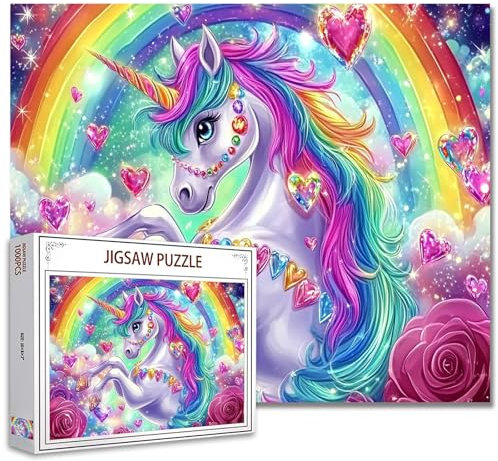 1000 Stück Puzzle für Erwachsene - Buntes Regenbogen Einhorn Mit Funkelnden Herz Edelsteinen und Rosen - Phantasievolles Wanddekor DIY Handwerk Kunst