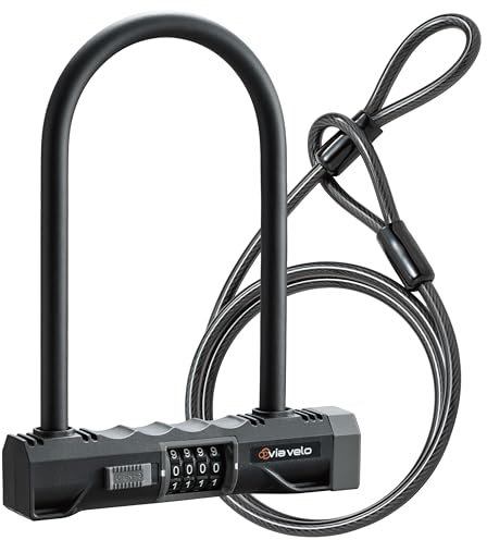Via Velo Heavy Duty U-Lock with 4-Digit Resettable Combination & 5ft Steel Cable, Anti-Theft Bike Lock for Bicycles, Scooters, and Electric Bikes
